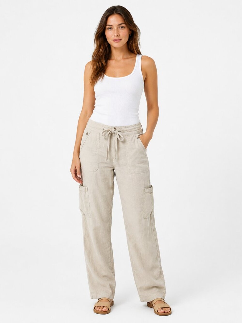American Eagle Tan Cargo Pants Sz 8 Tie Waist Relaxed Utility Casual Pants